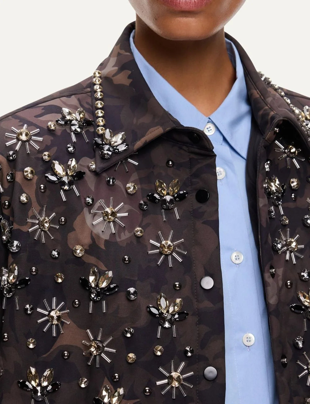 Pinko women's oversized brown floral camouflage shacket with crystal embellishments, studded collar and button front detail