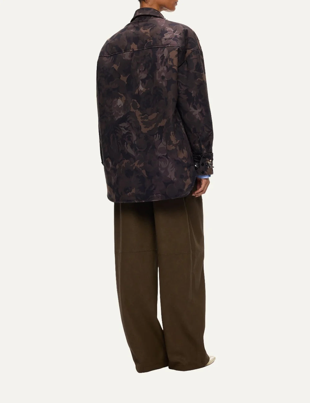 Pinko women's oversized brown floral camouflage shacket with crystal embellishments, studded collar and button front back
