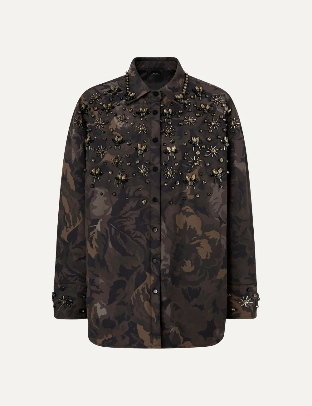 Pinko women's oversized brown floral camouflage shacket with crystal embellishments, studded collar and button front.