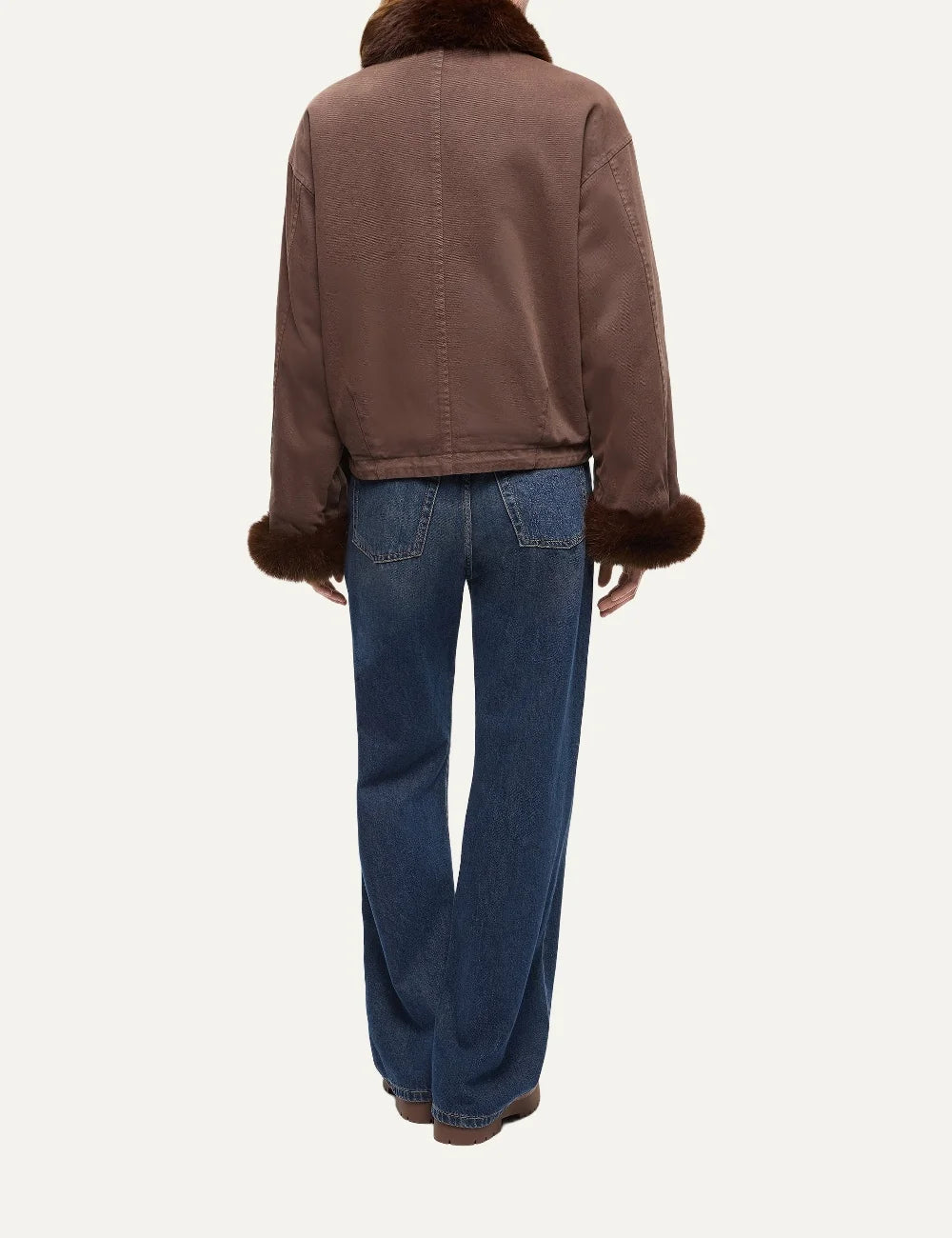 PINKO women's brown-grey cropped padded cotton jacket with dark brown faux fur collar and cuffs, flap pockets and drawstring hem back view