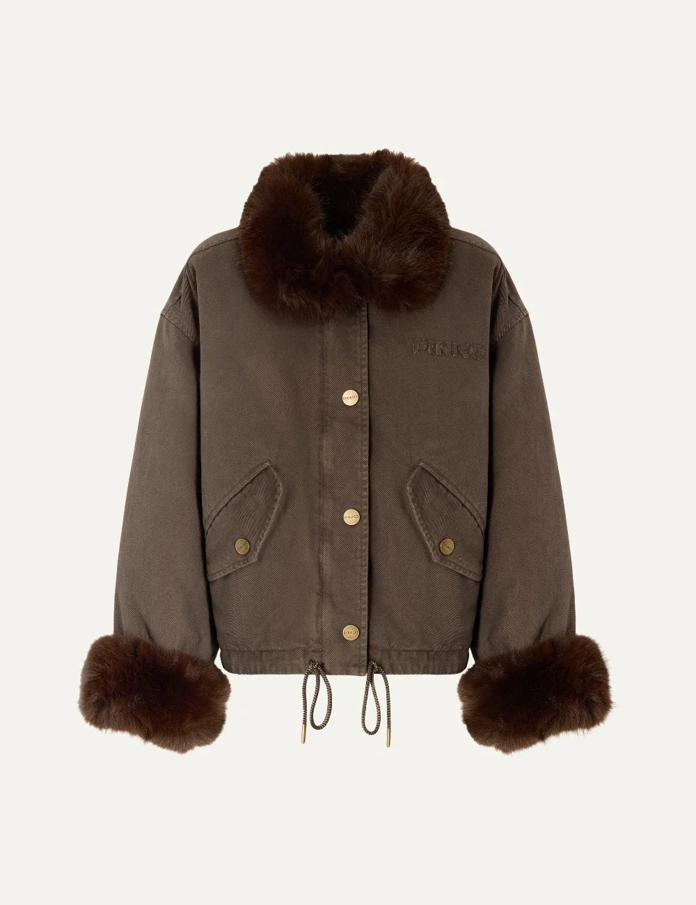 PINKO women's brown-grey cropped padded cotton jacket with dark brown faux fur collar and cuffs, flap pockets and drawstring hem product shot