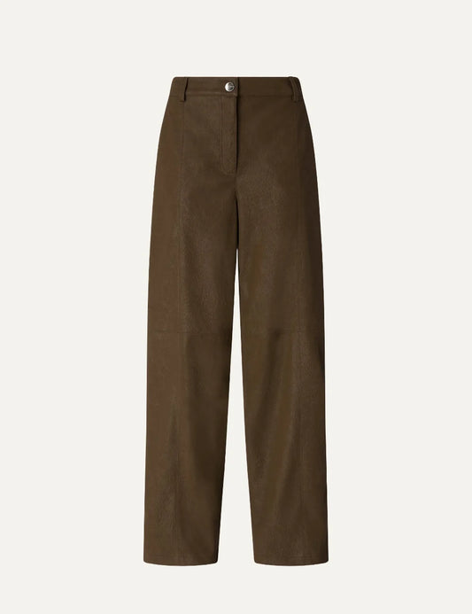 Pinko women's brown nubuck-effect wide-leg trousers with high waist and stitched details.