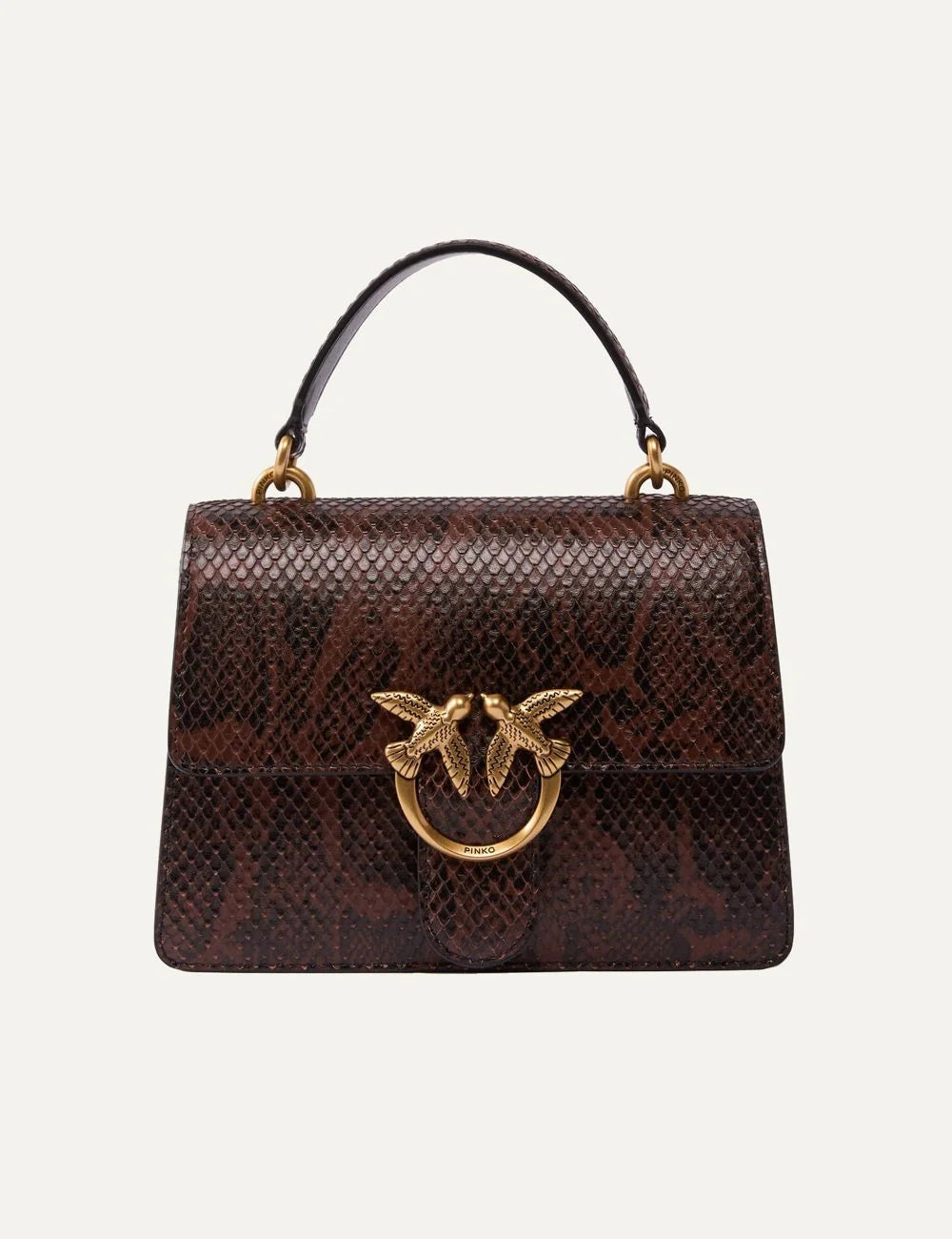 PINKO women's brown python-print leather Mini Love Bag One Top Handle with gold-tone Love Birds buckle and leather top handle.