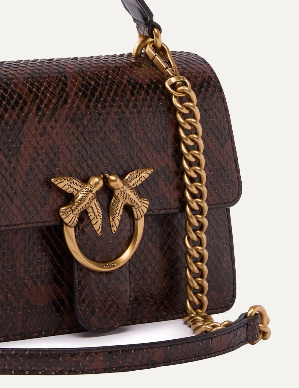 PINKO women's brown python-print leather Mini Love Bag One Top Handle with gold-tone Love Birds buckle and leather top handle detail