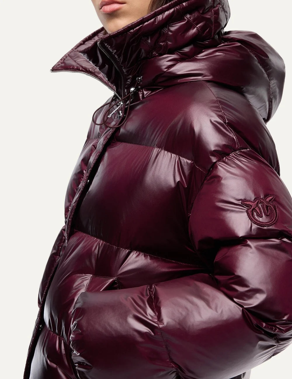 Pinko women's burgundy cropped down puffer jacket with semi-glossy quilted fabric, hood and metal snap buttons detail