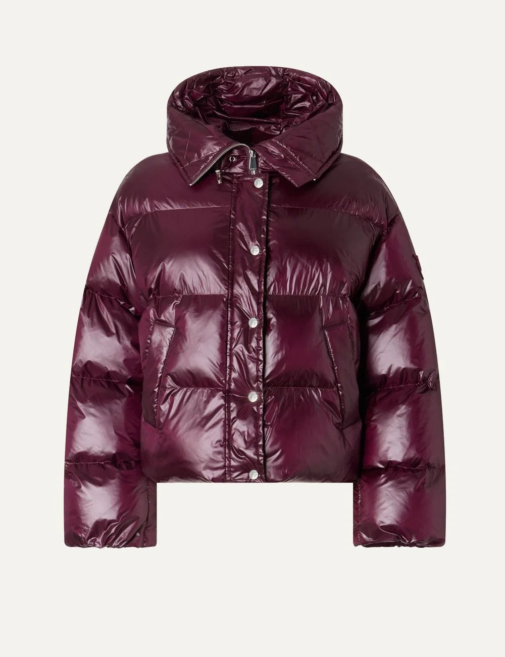 Pinko women's burgundy cropped down puffer jacket with semi-glossy quilted fabric, hood and metal snap buttons.
