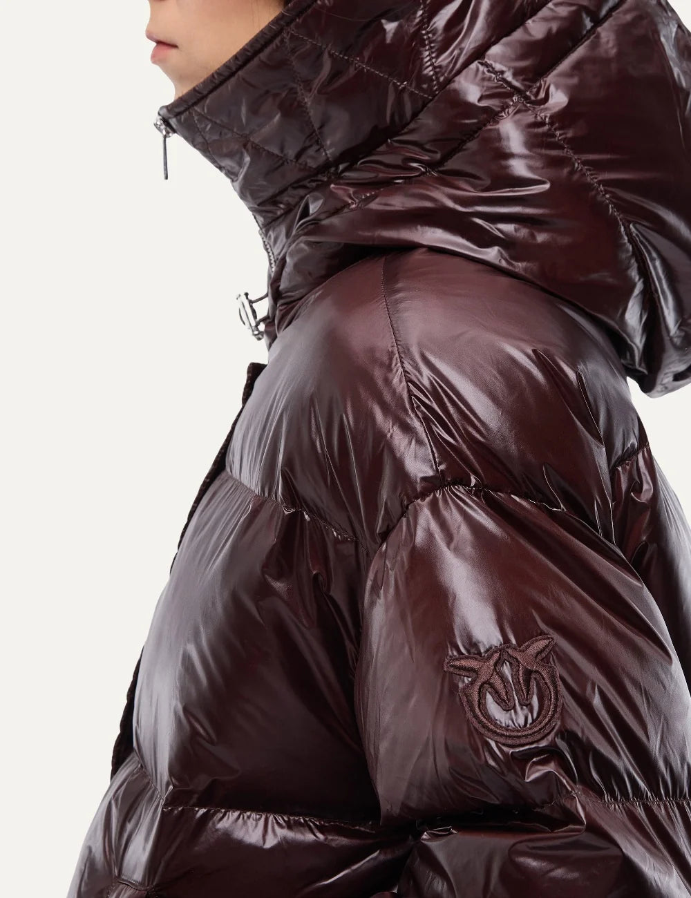 PINKO women's burgundy cropped puffer jacket in semi-glossy padded technical fabric with hood, horizontal quilting and snap-button closures side