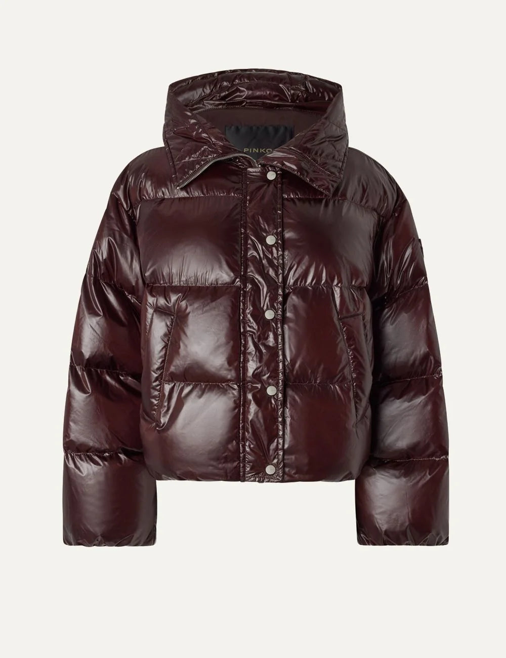 PINKO women's burgundy cropped puffer jacket in semi-glossy padded technical fabric with hood, horizontal quilting and snap-button closure.