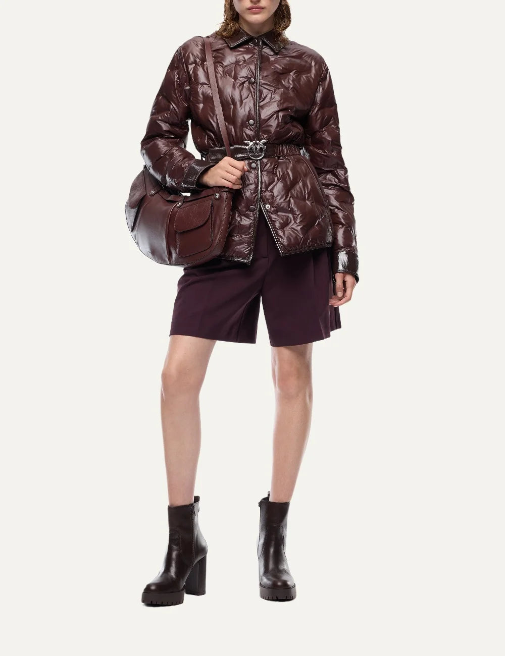 PINKO women's burgundy semi-gloss quilted padded jacket with shirt collar, patent-effect trims and Love Birds buckle belt full body