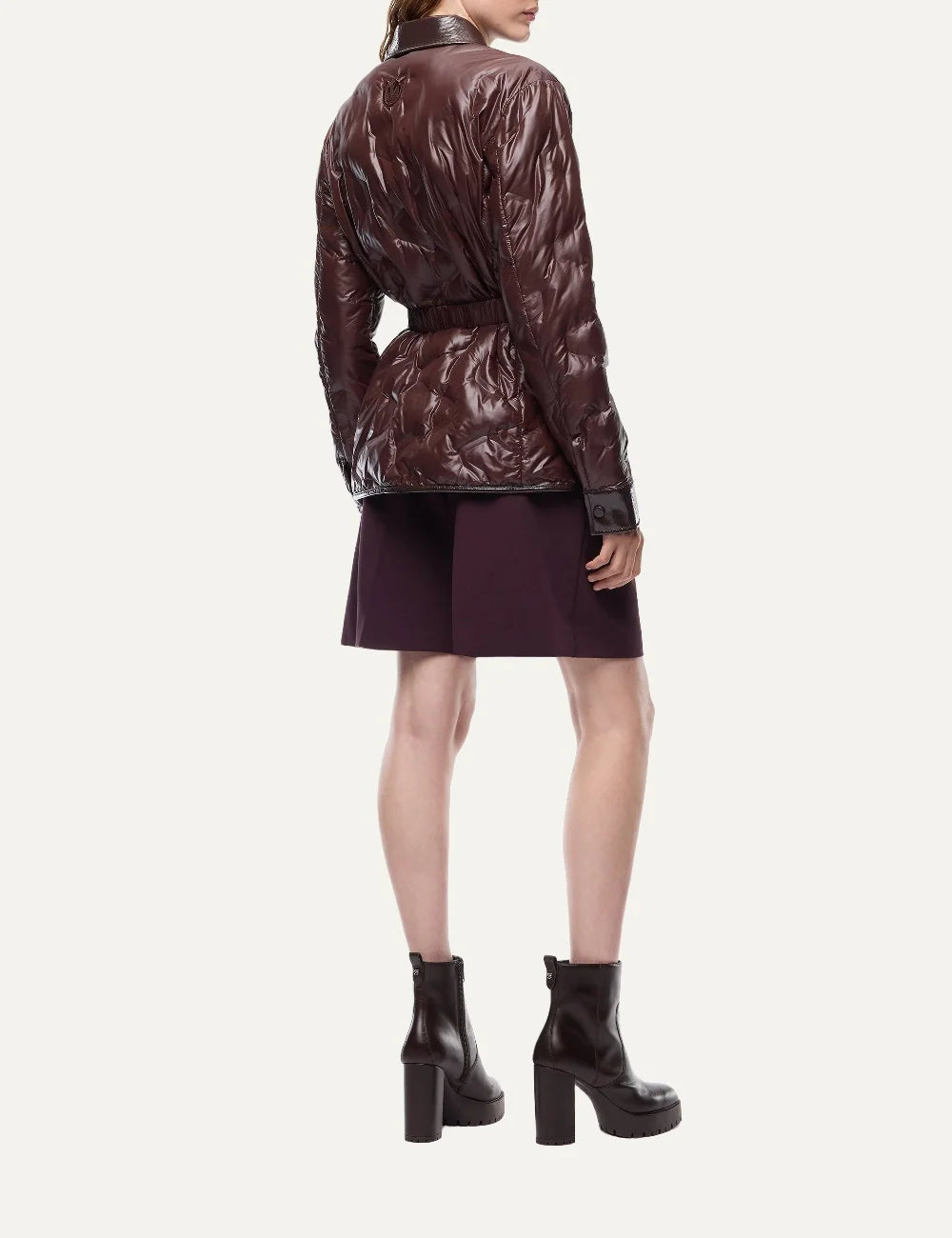 PINKO women's burgundy semi-gloss quilted padded jacket with shirt collar, patent-effect trims and Love Birds buckle belt back