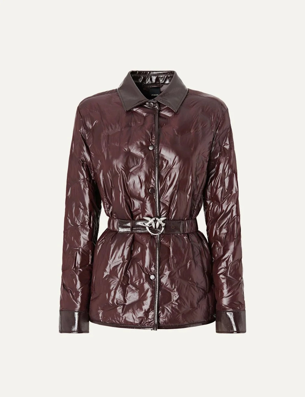 PINKO women's burgundy semi-gloss quilted padded jacket with shirt collar, patent-effect trims and Love Birds buckle belt.