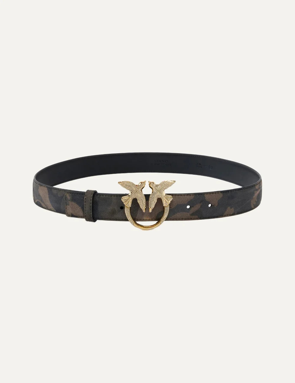 Pinko women's camouflage suede belt with gold Love Birds Diamond Cut buckle embellished with rhinestones.