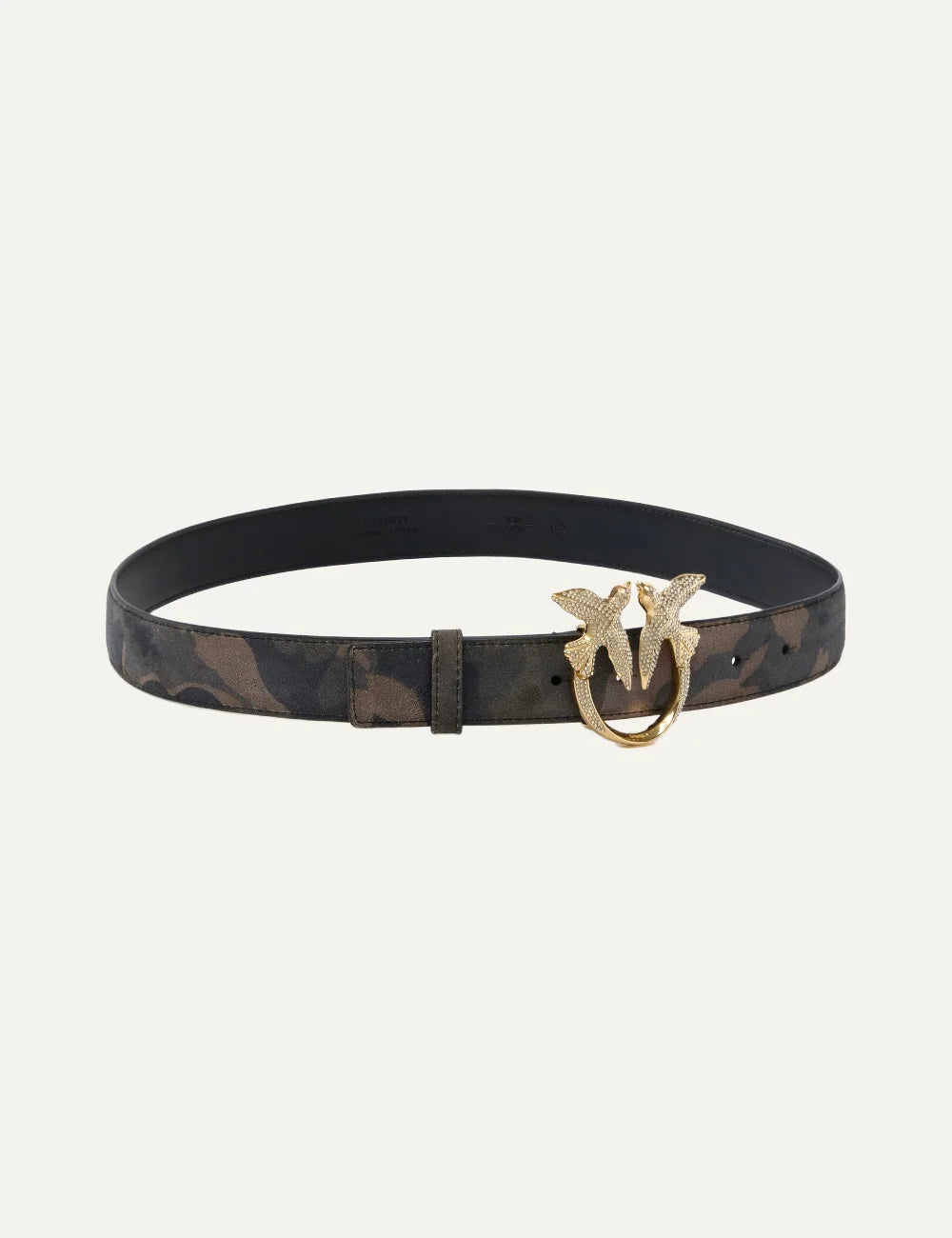 Pinko women's camouflage suede belt with gold Love Birds Diamond Cut buckle embellished with rhinestones full