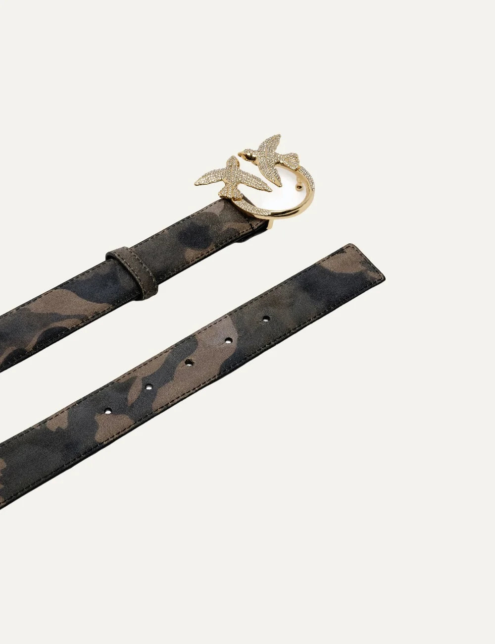 Pinko women's camouflage suede belt with gold Love Birds Diamond Cut buckle embellished with rhinestones detail