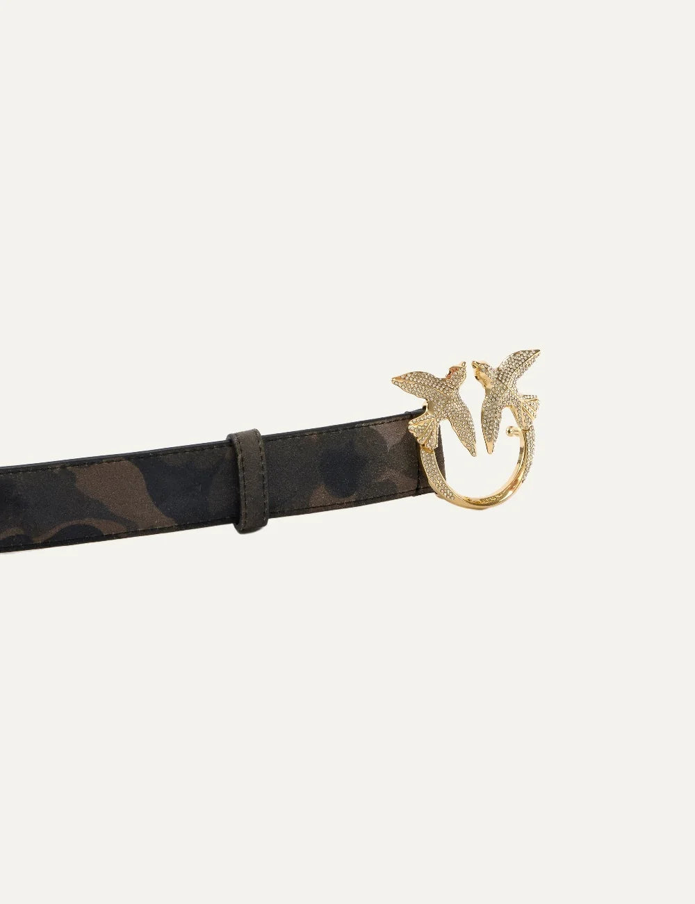 Pinko women's camouflage suede belt with gold Love Birds Diamond Cut buckle embellished with rhinestones detail