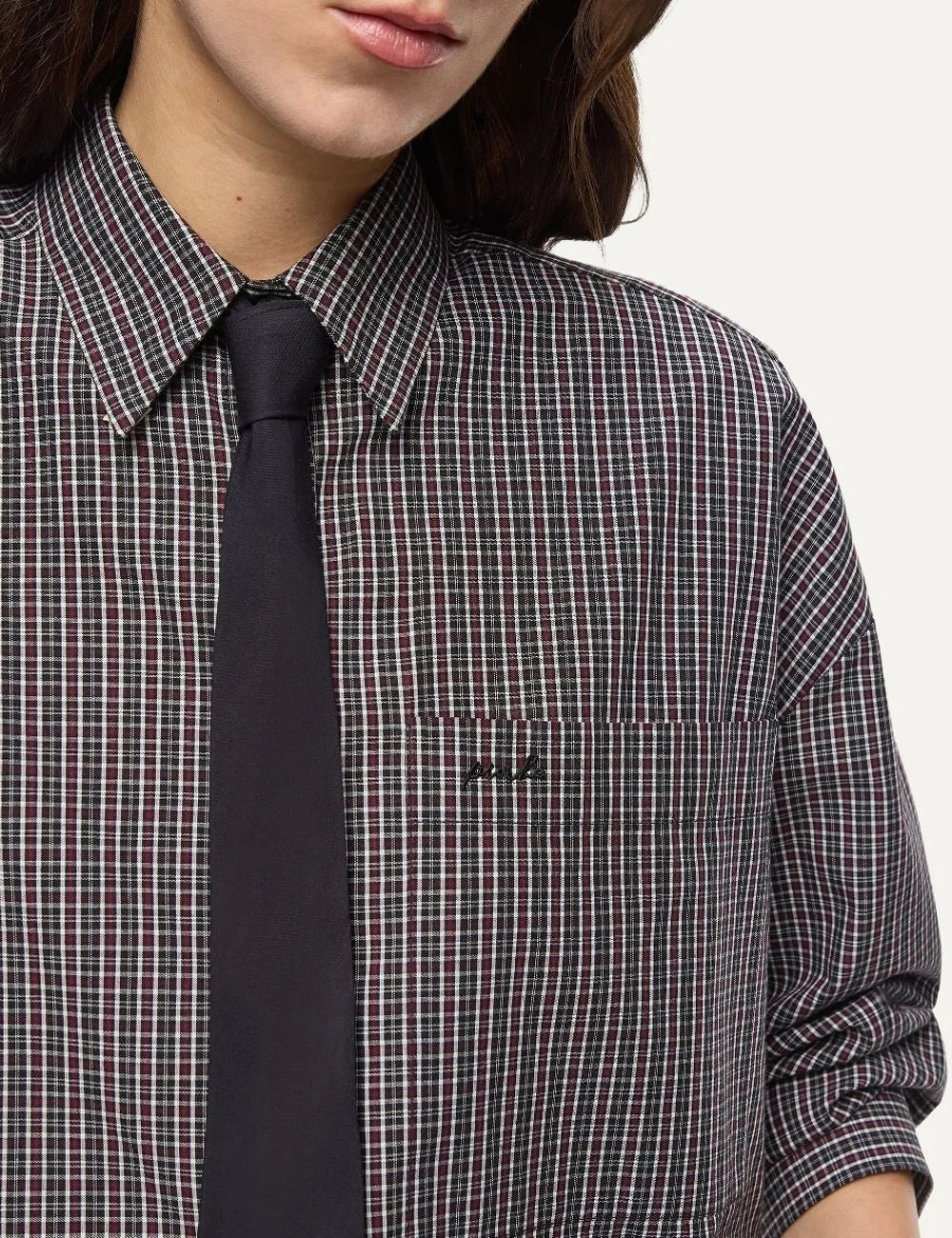 Women's Pinko Carlina cropped check shirt with decorative tie in black, burgundy and white close up details