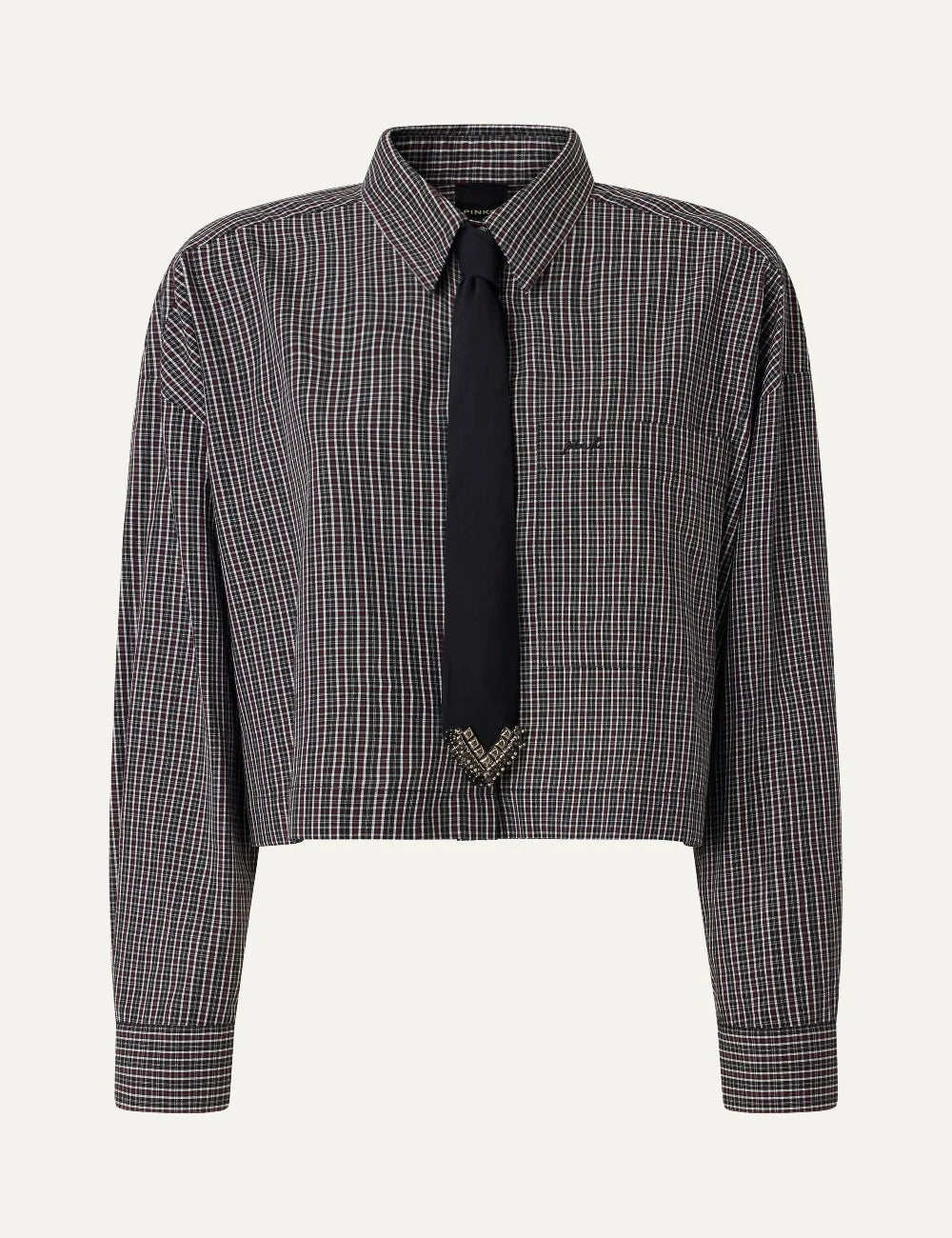 Women's Pinko Carlina cropped check shirt with decorative tie in black, burgundy and white product shot