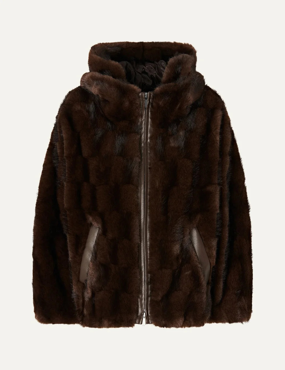 PINKO women's dark brown faux mink fur hooded jacket with textured finish, front zip and faux leather pocket trims product shot