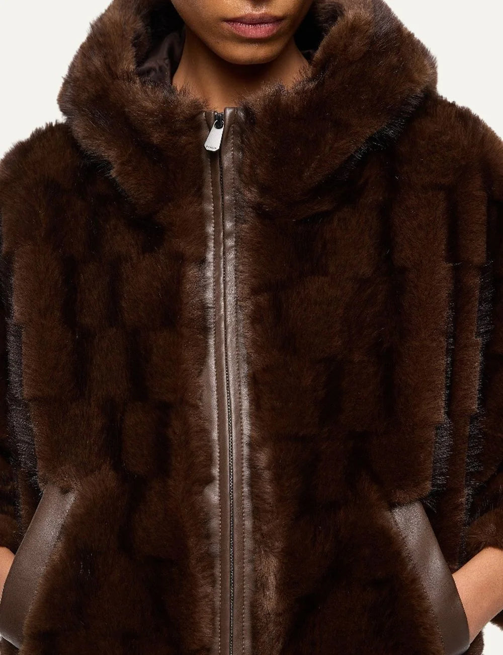 PINKO women's dark brown faux mink fur hooded jacket with textured finish, front zip and faux leather pocket trims close up details