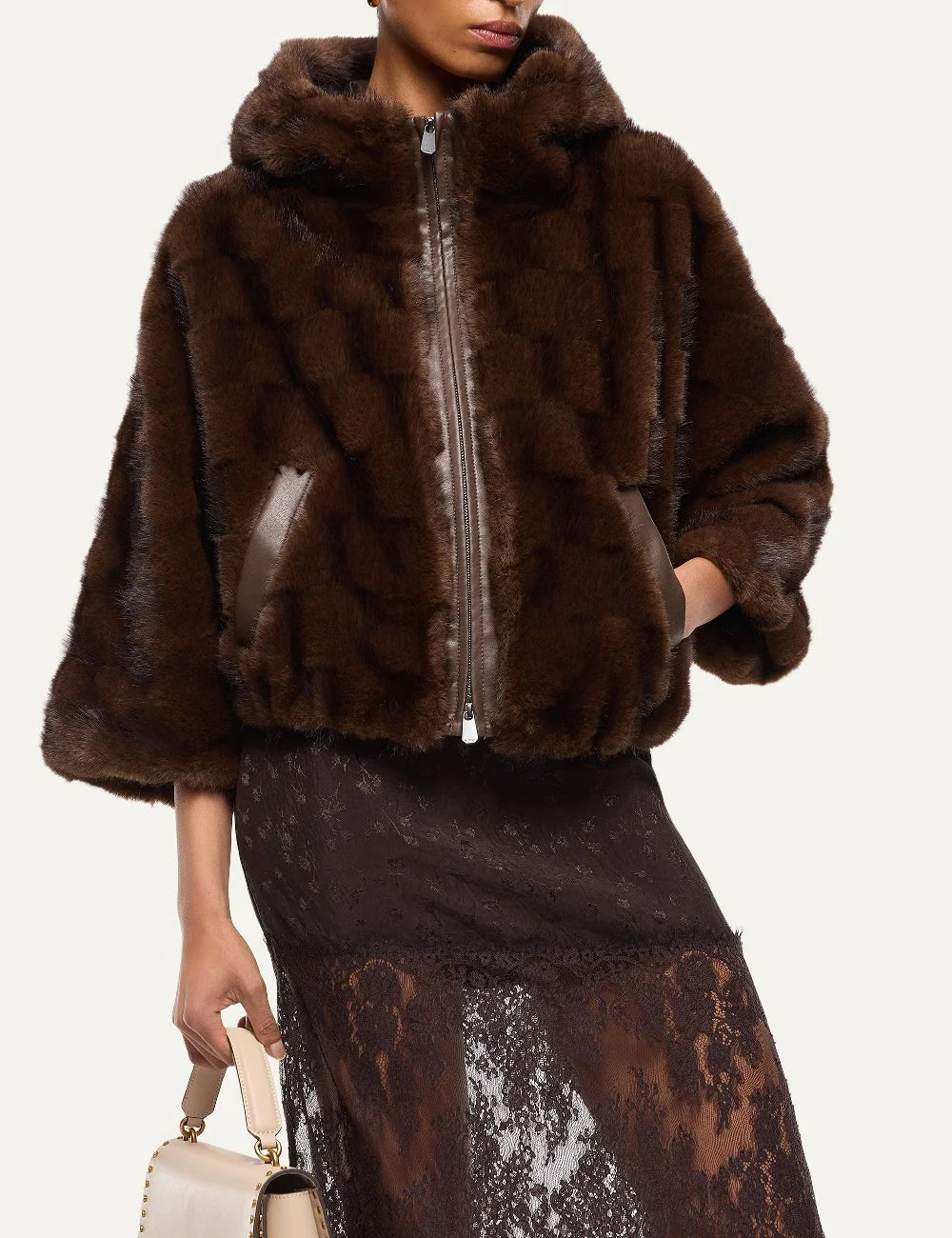 PINKO women's dark brown faux mink fur hooded jacket with textured finish, front zip and faux leather pocket trims front view