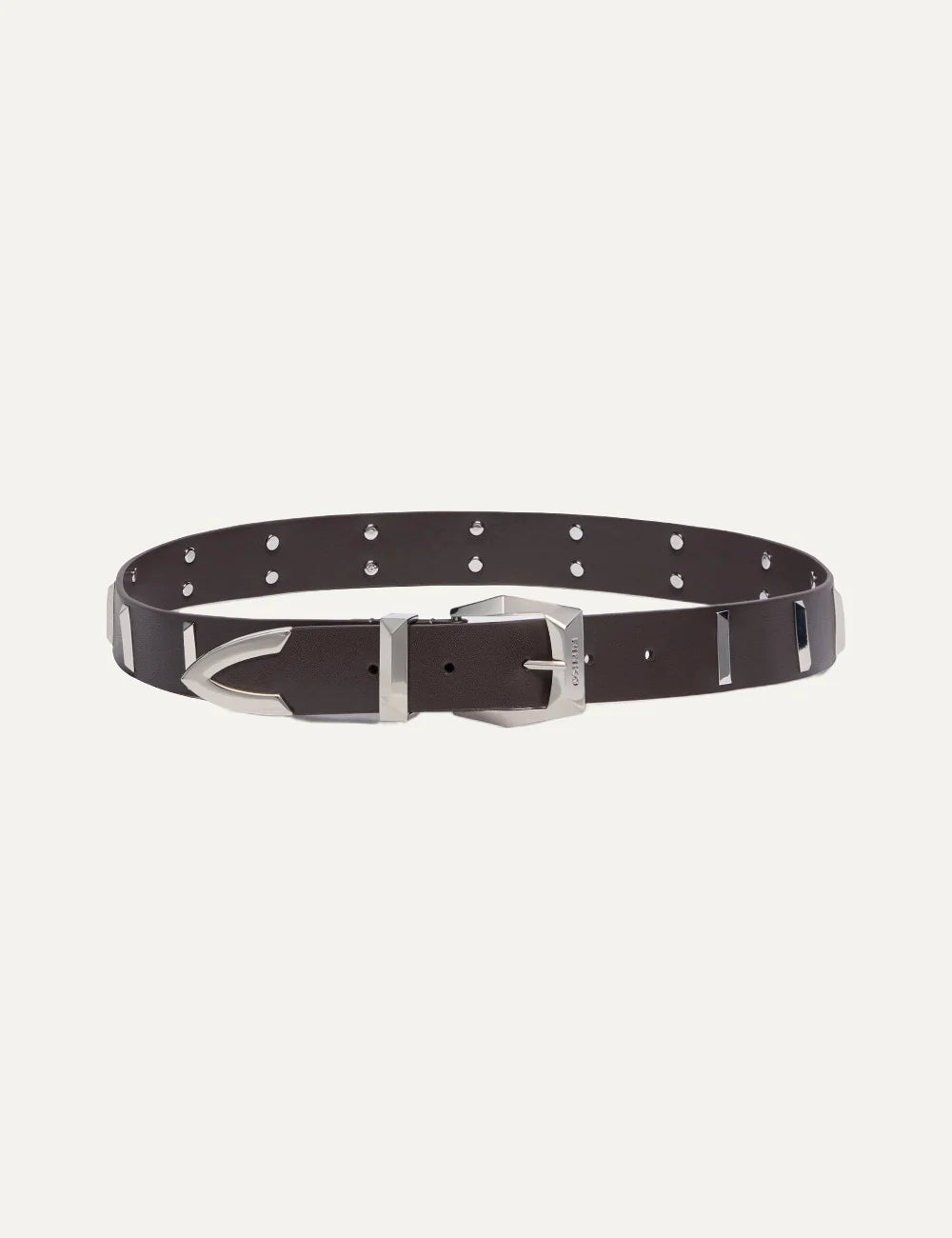 Pinko women's dark brown leather belt with silver rectangular studs and metal buckle.