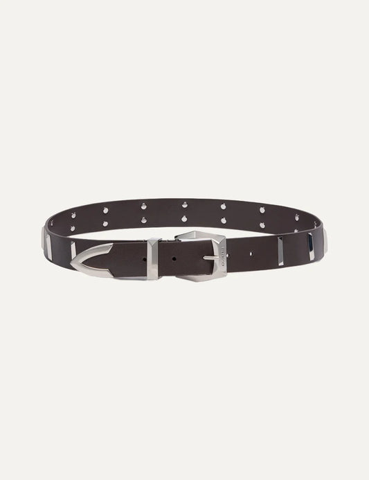 Pinko women's dark brown leather belt with silver rectangular studs and metal buckle.