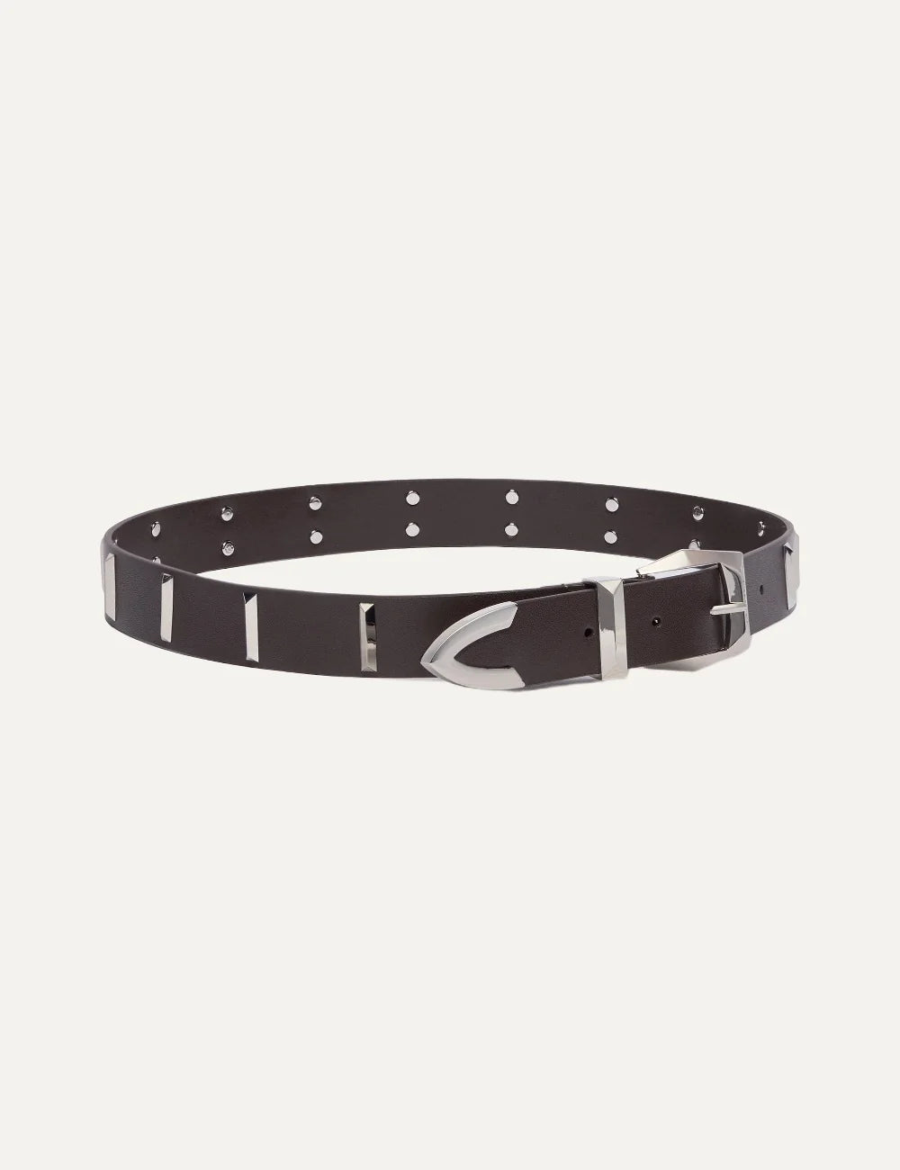 Pinko women's dark brown leather belt with silver rectangular studs and metal buckle full