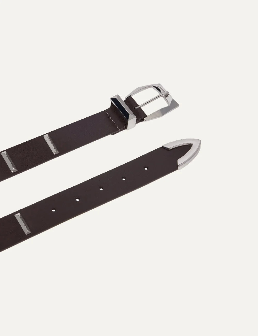 Pinko women's dark brown leather belt with silver rectangular studs and metal buckle detail