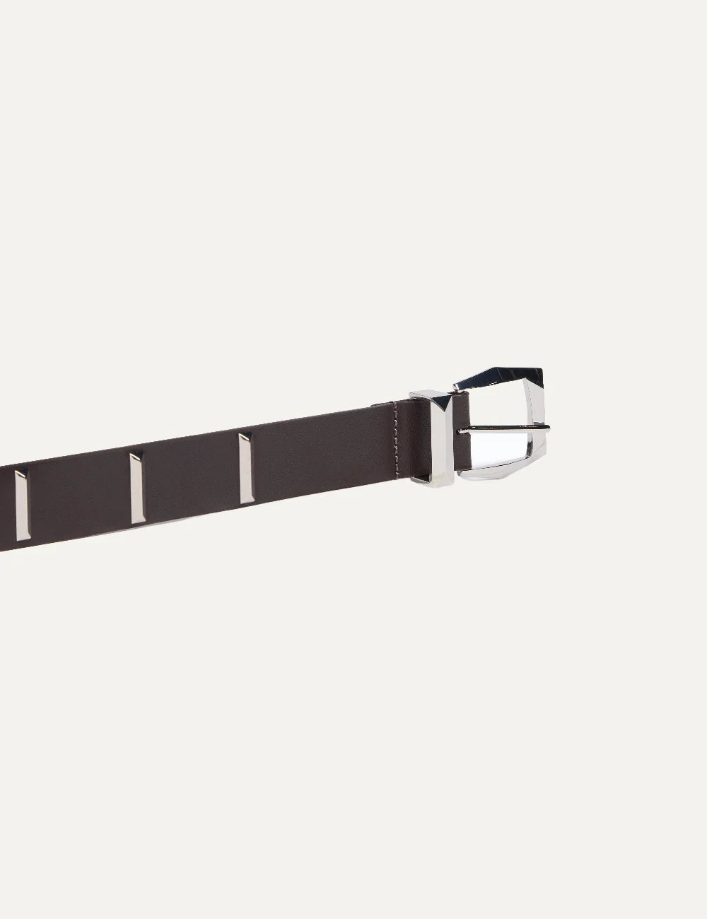 Pinko women's dark brown leather belt with silver rectangular studs and metal buckle detail