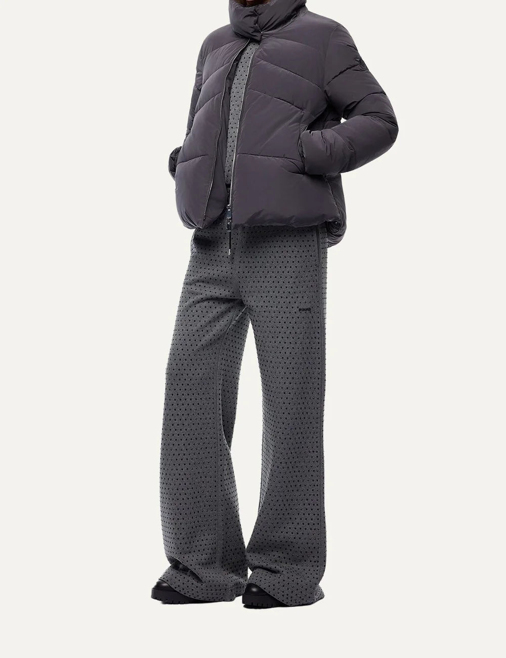 Women's Pinko dark grey wide-leg cotton fleece trousers with all-over rhinestones and drawstring waist full look