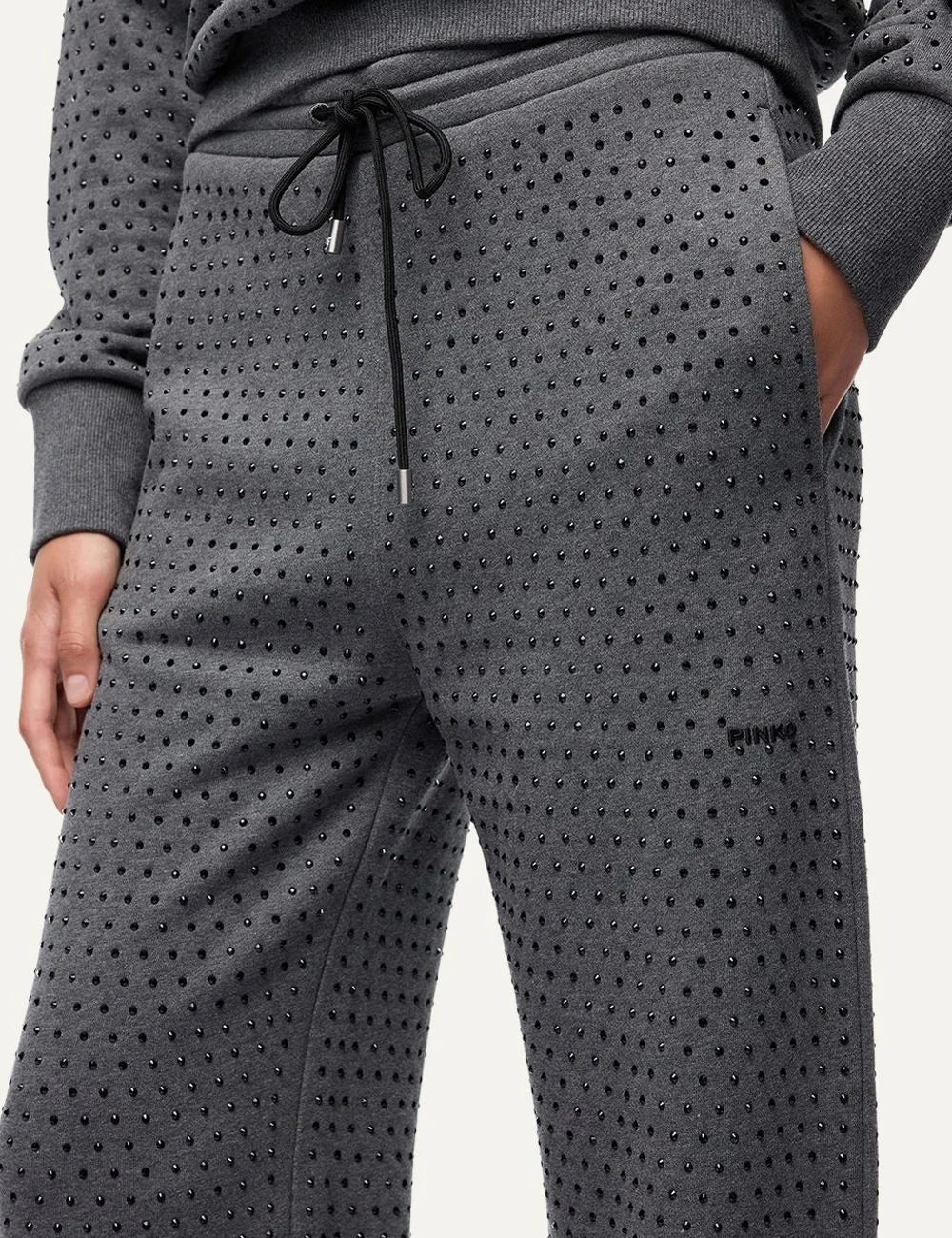 Women's Pinko dark grey wide-leg cotton fleece trousers with all-over rhinestones and drawstring waist close up details