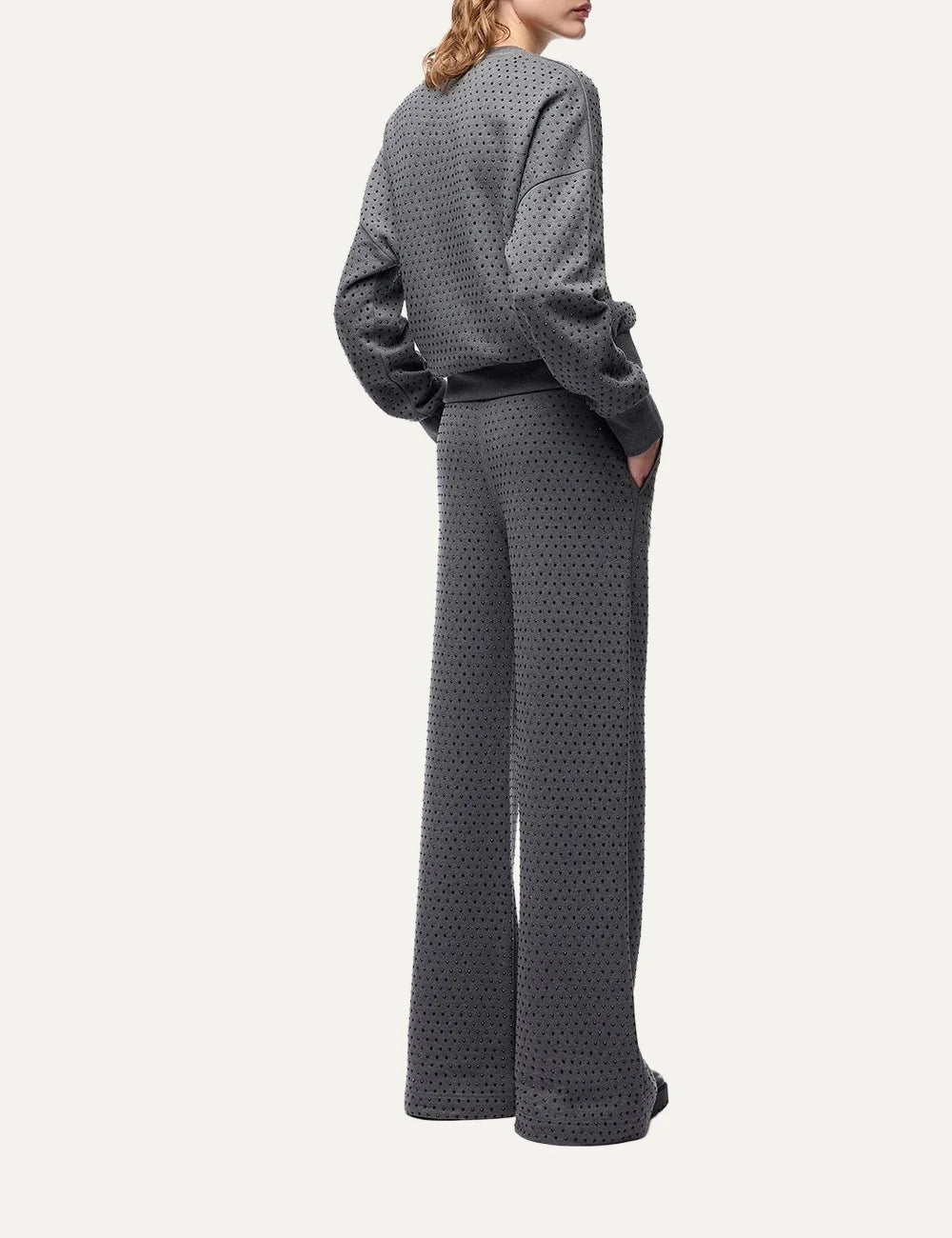 Women's Pinko dark grey wide-leg cotton fleece trousers with all-over rhinestones and drawstring waist back view