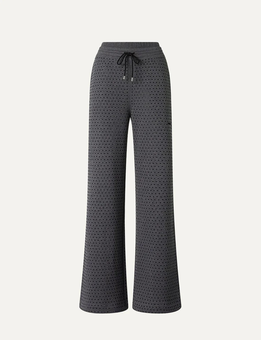 Women's Pinko dark grey wide-leg cotton fleece trousers with all-over rhinestones and drawstring waist product shot