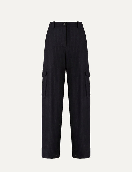 Pinko women's dark navy pinstripe straight-leg cargo trousers with flap pockets and button closure.