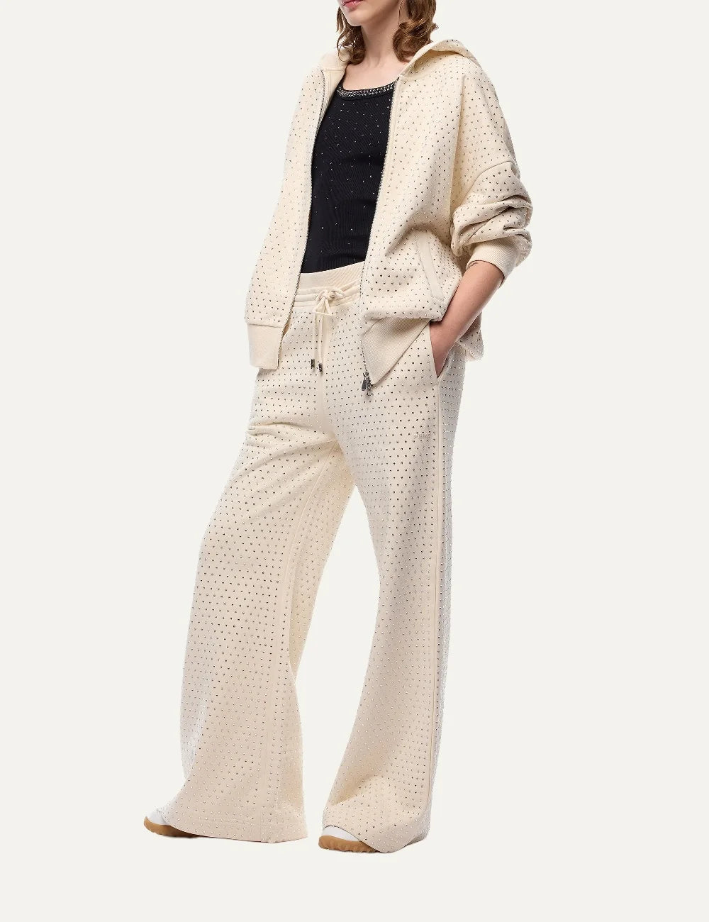 Women's Pinko ecru wide-leg cotton fleece trousers with all-over rhinestones and drawstring waist full look