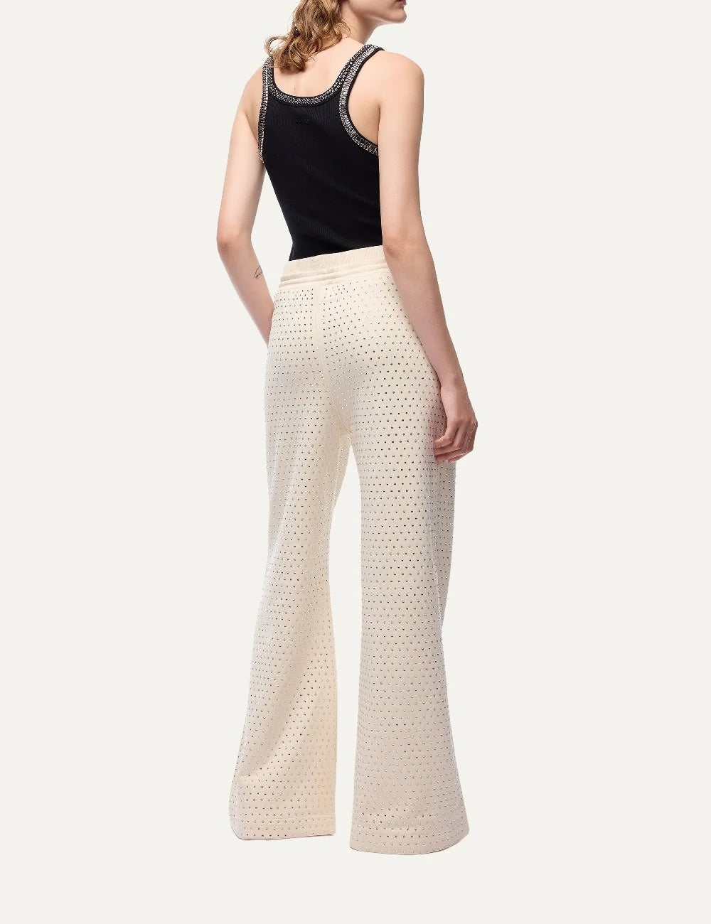 Women's Pinko ecru wide-leg cotton fleece trousers with all-over rhinestones and drawstring waistback view