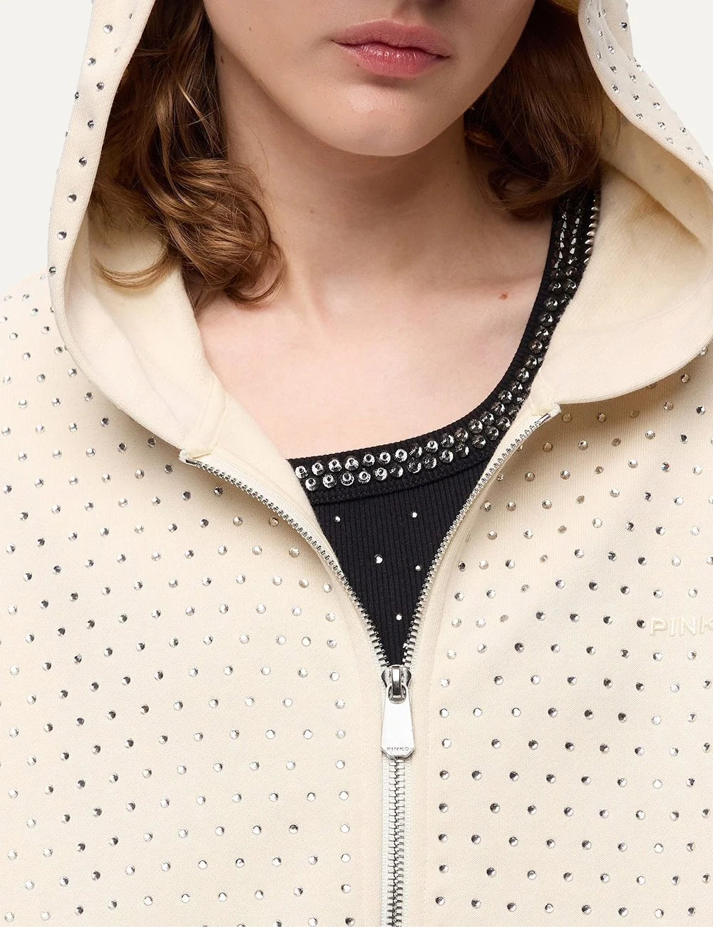 Women's Pinko ecru cotton zip-up hoodie with all-over rhinestones and embroidered logo close up details