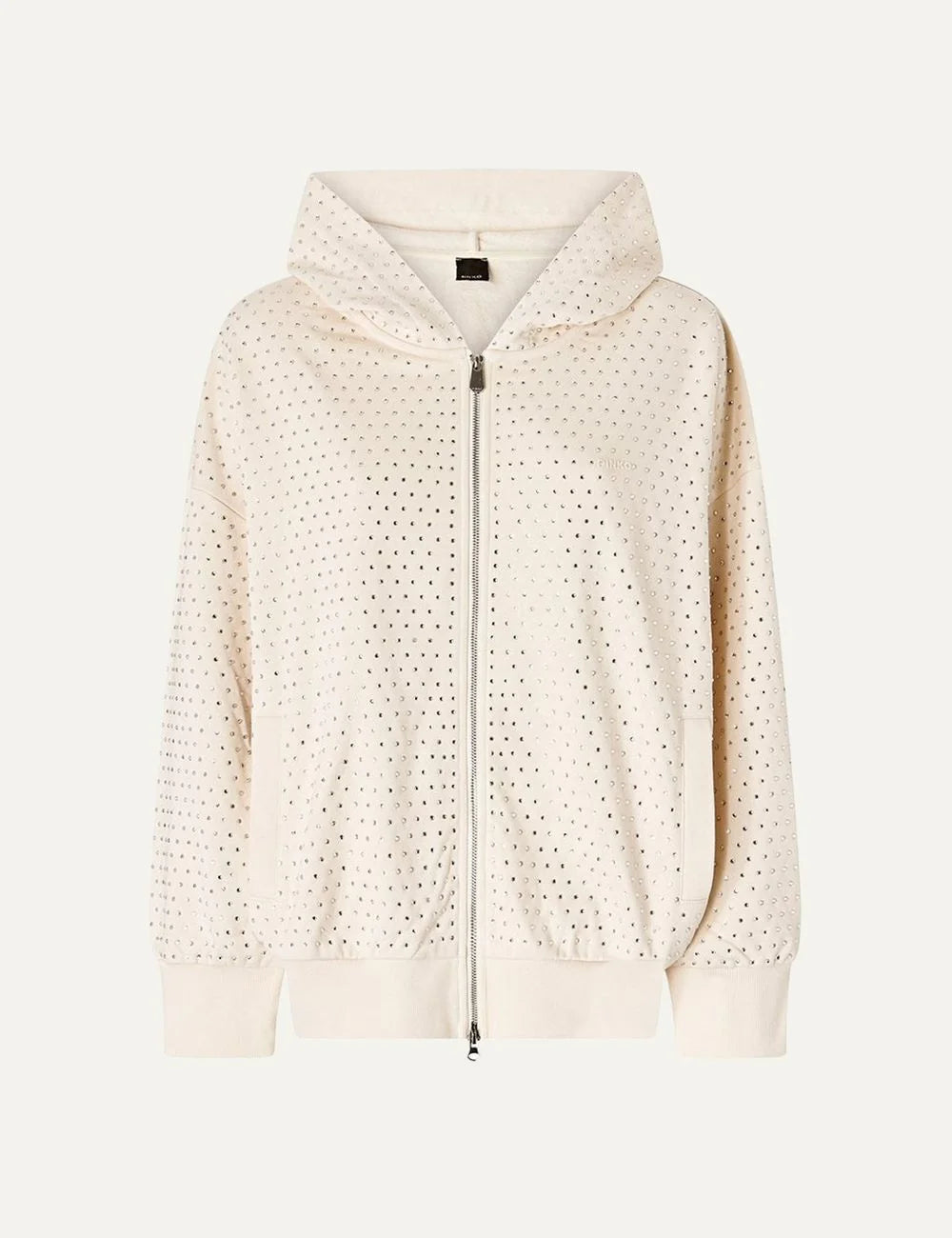 Women's Pinko ecru cotton zip-up hoodie with all-over rhinestones and embroidered logo front view