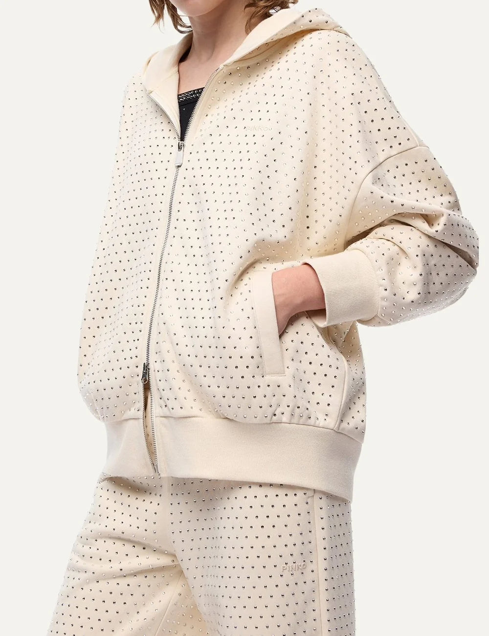 Women's Pinko ecru cotton zip-up hoodie with all-over rhinestones and embroidered logo side view