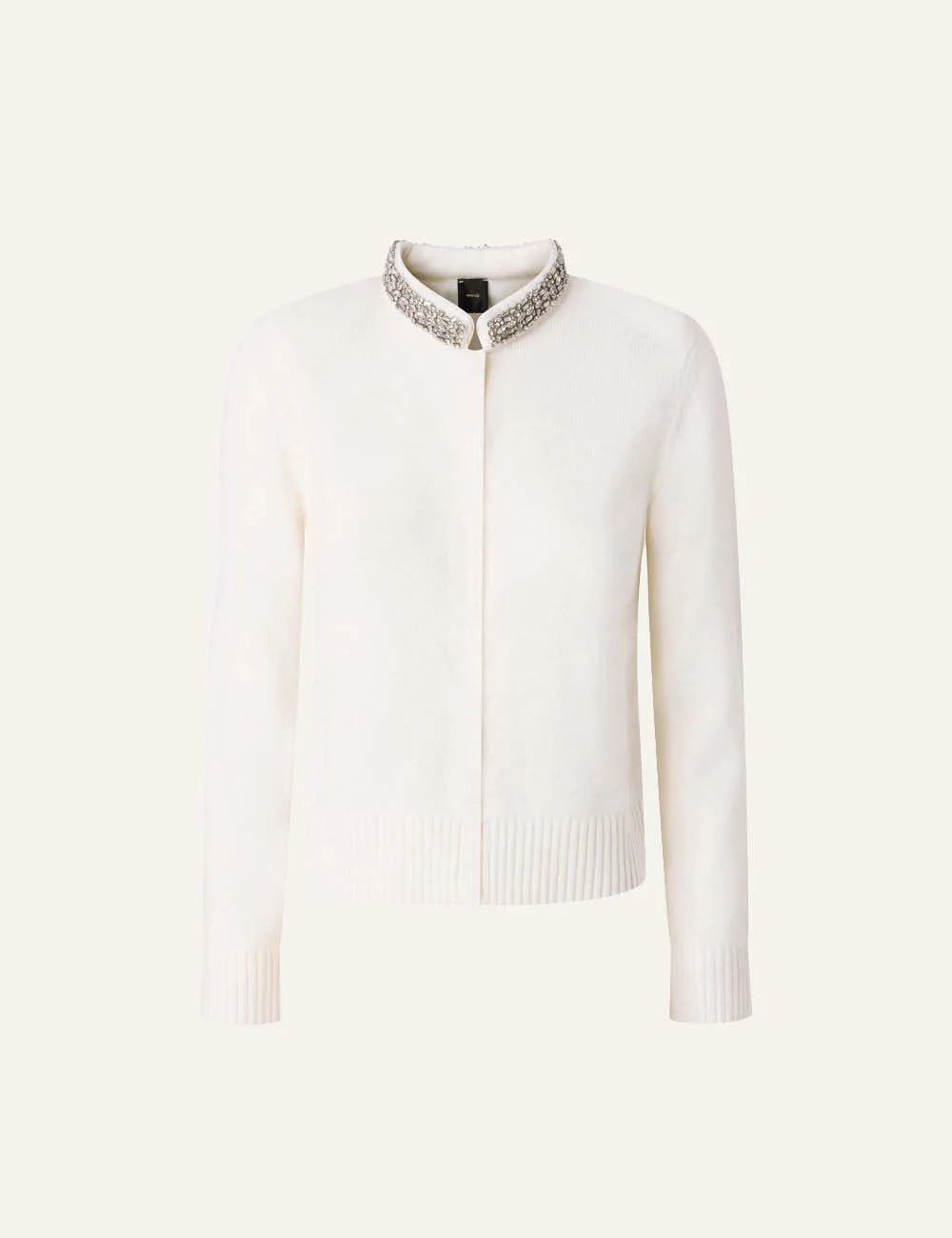 Pinko women's ecru wool-blend slim-fit cardigan with crystal-embellished stand collar and concealed button fastening.
