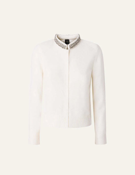 Pinko women's ecru wool-blend slim-fit cardigan with crystal-embellished stand collar and concealed button fastening.