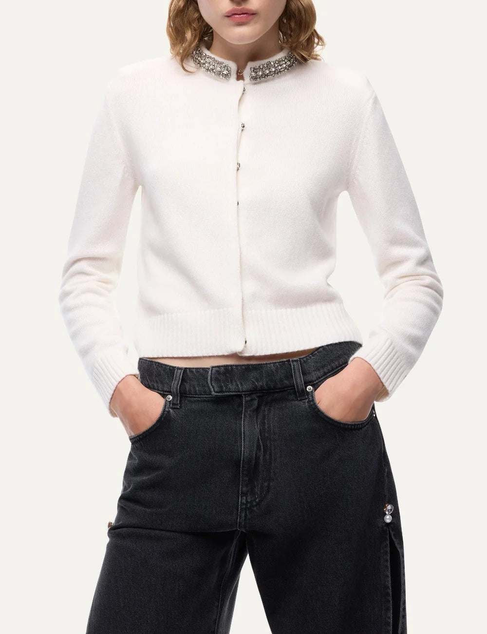 Pinko women's ecru wool-blend slim-fit cardigan with crystal-embellished stand collar and concealed button fastening model