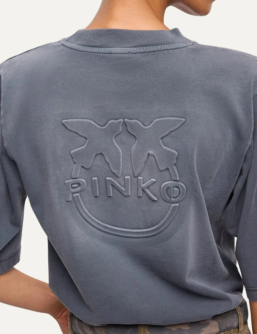 Women's Pinko grey cotton cropped T-shirt with faded effect and chest logo back view
