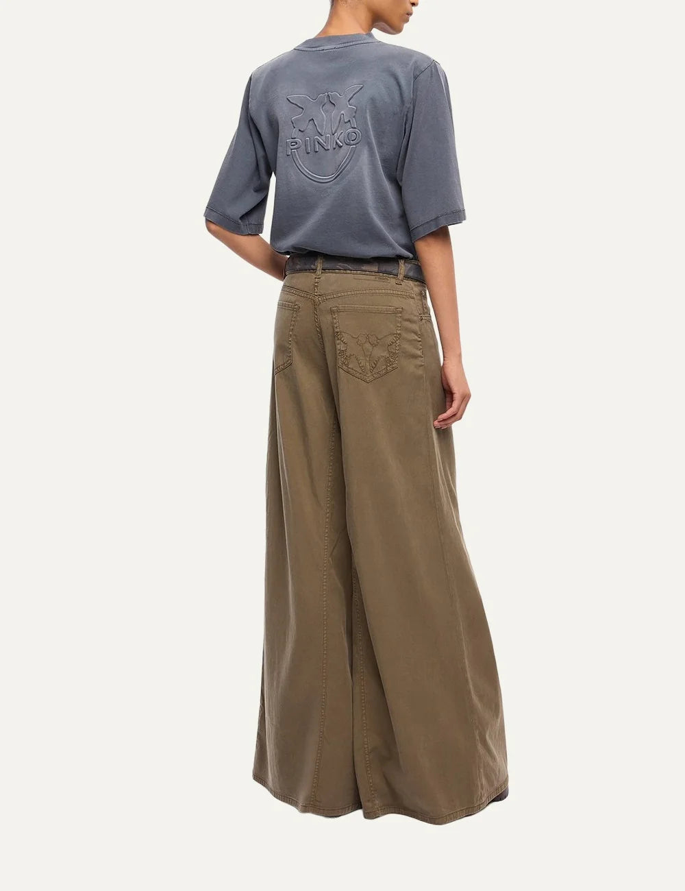 Women's Pinko grey cotton cropped T-shirt with faded effect and chest logo fill look back view