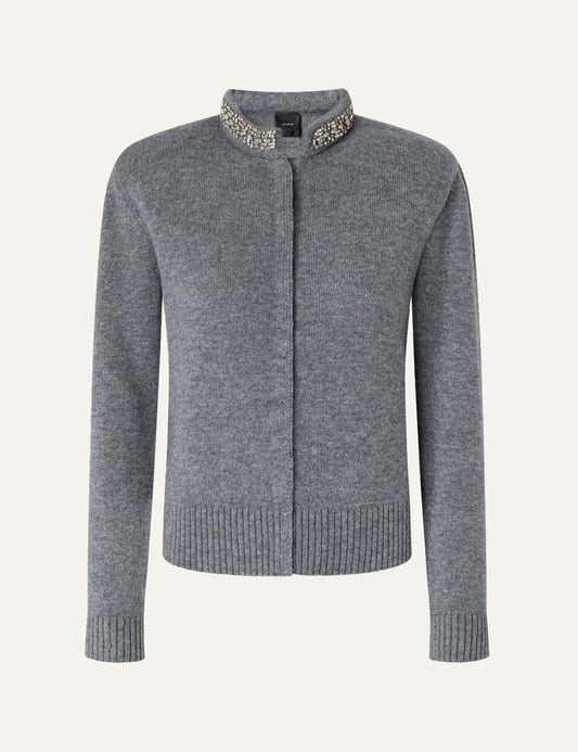 Pinko women's grey wool-blend slim-fit cardigan with crystal-embellished stand collar and concealed button fastening.