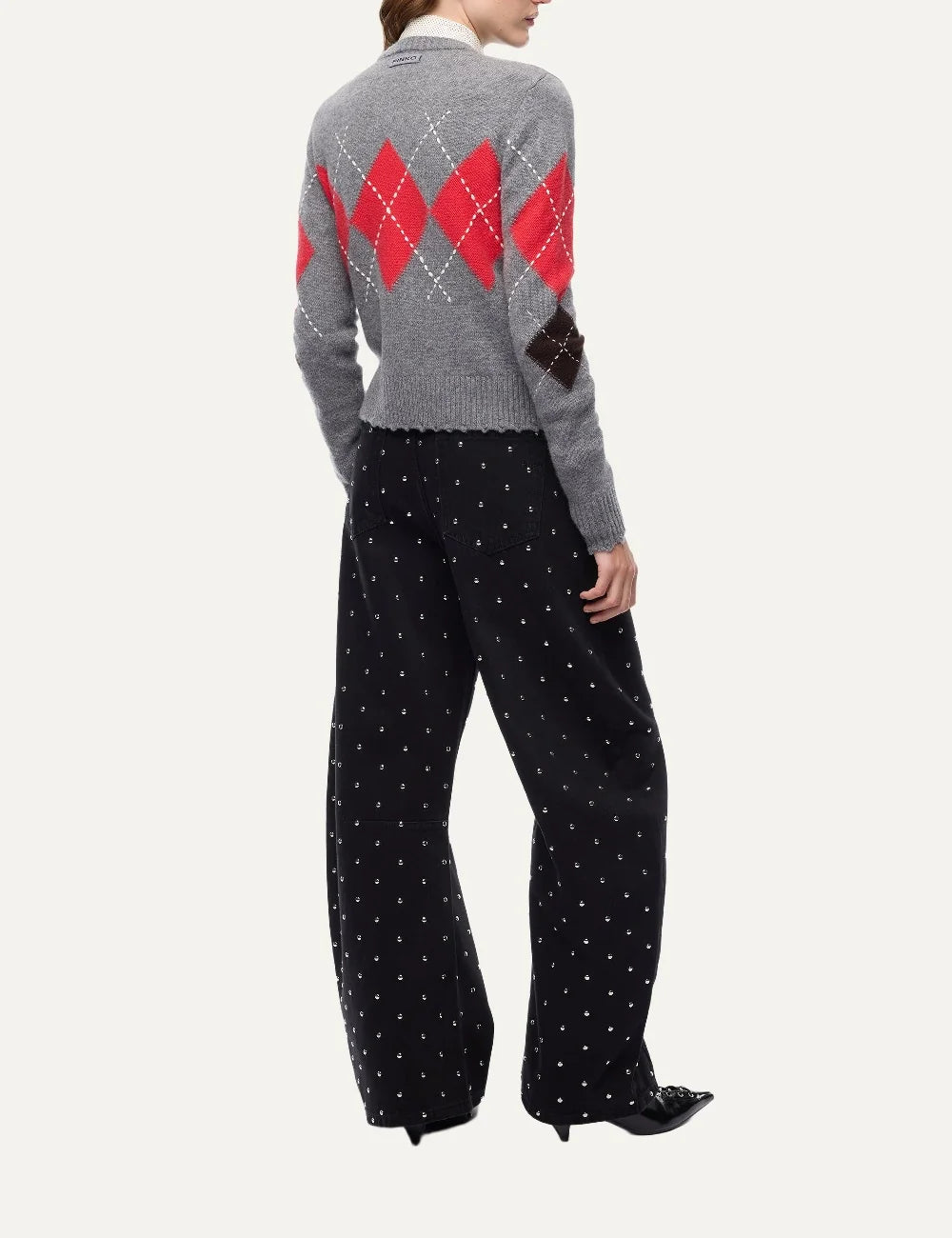 Pinko women's grey wool and cashmere cardigan with red and brown argyle pattern, white stitched details and front buttons back