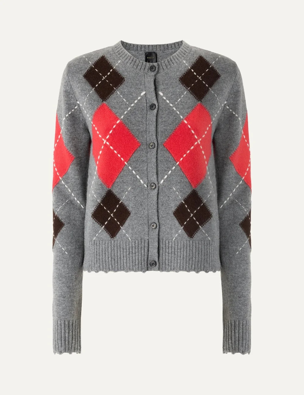 Pinko women's grey wool and cashmere cardigan with red and brown argyle pattern, white stitched details and front buttons.