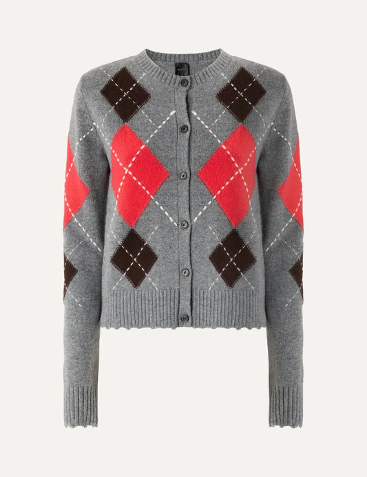 Pinko women's grey wool and cashmere cardigan with red and brown argyle pattern, white stitched details and front buttons.