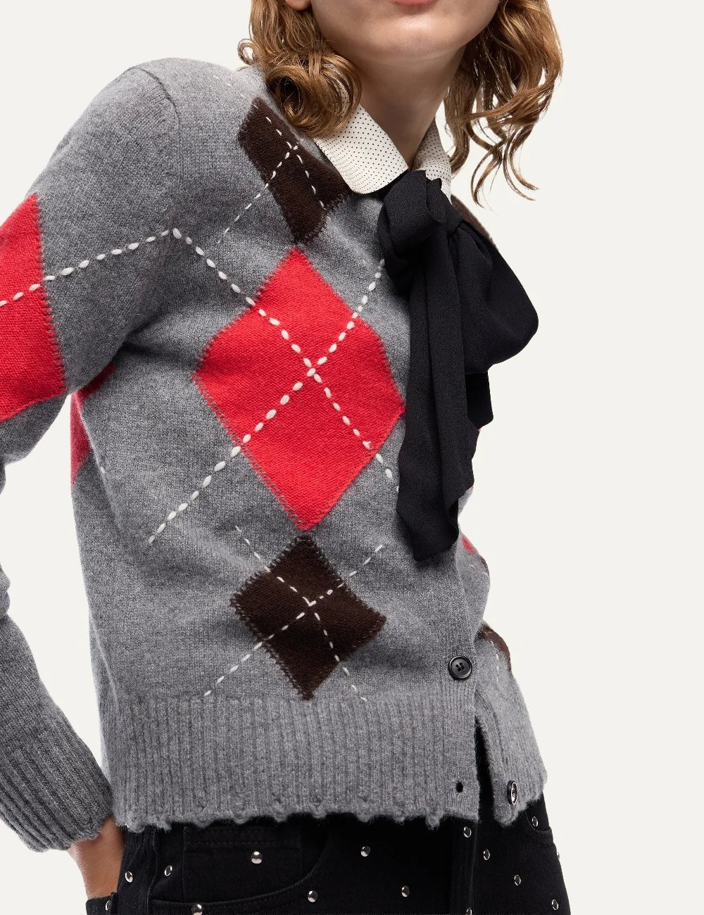 Pinko women's grey wool and cashmere cardigan with red and brown argyle pattern, white stitched details and front buttons side