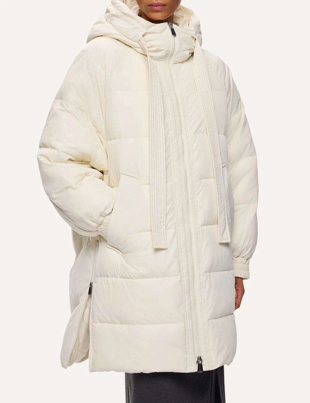 Pinko women's ivory long oversized quilted puffer coat with hood, long drawstrings and front zip closure model